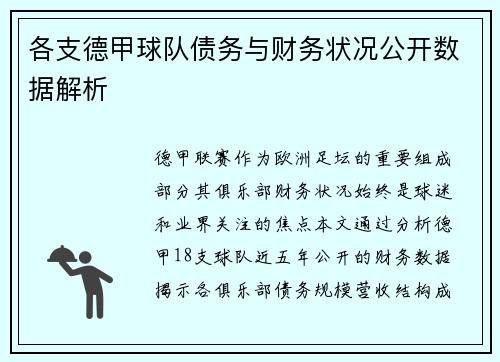 各支德甲球队债务与财务状况公开数据解析